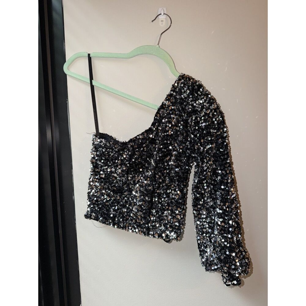Mi Ami One Shoulder Sequin Blouse Silver Metallic